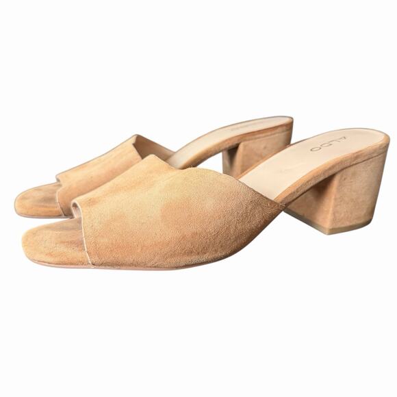 Aldo US 10 Sandals Open Toe Slip On Chunky Low Block Heel Nude Leather - Picture 2 of 10